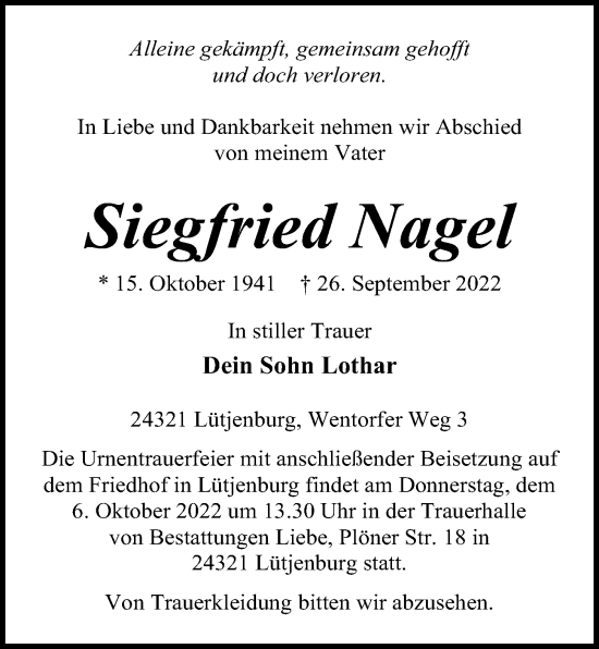 Traueranzeige von Siegfried Nagel von Kieler Nachrichten