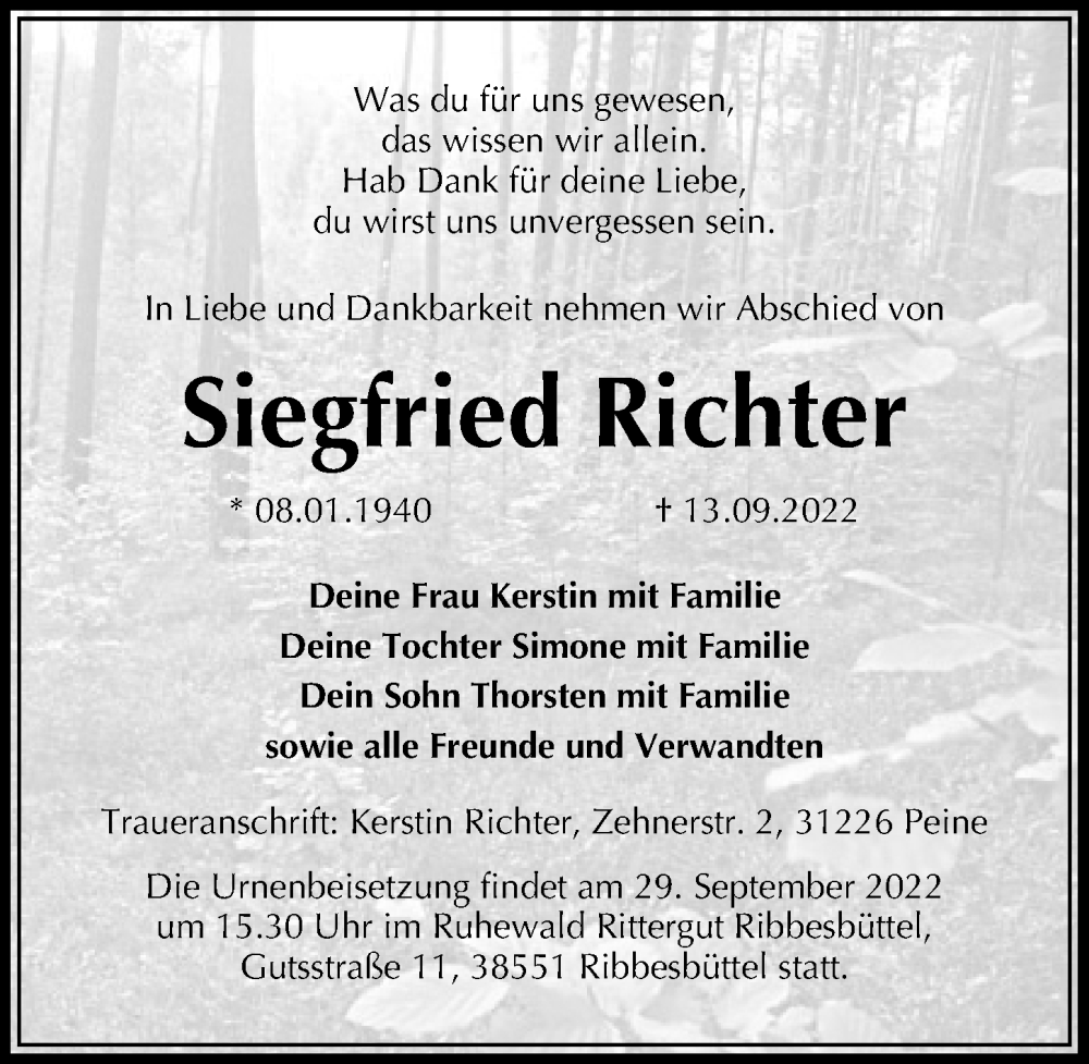 Traueranzeige für Siegfried Richter vom 16.09.2022 aus Peiner Allgemeine Zeitung