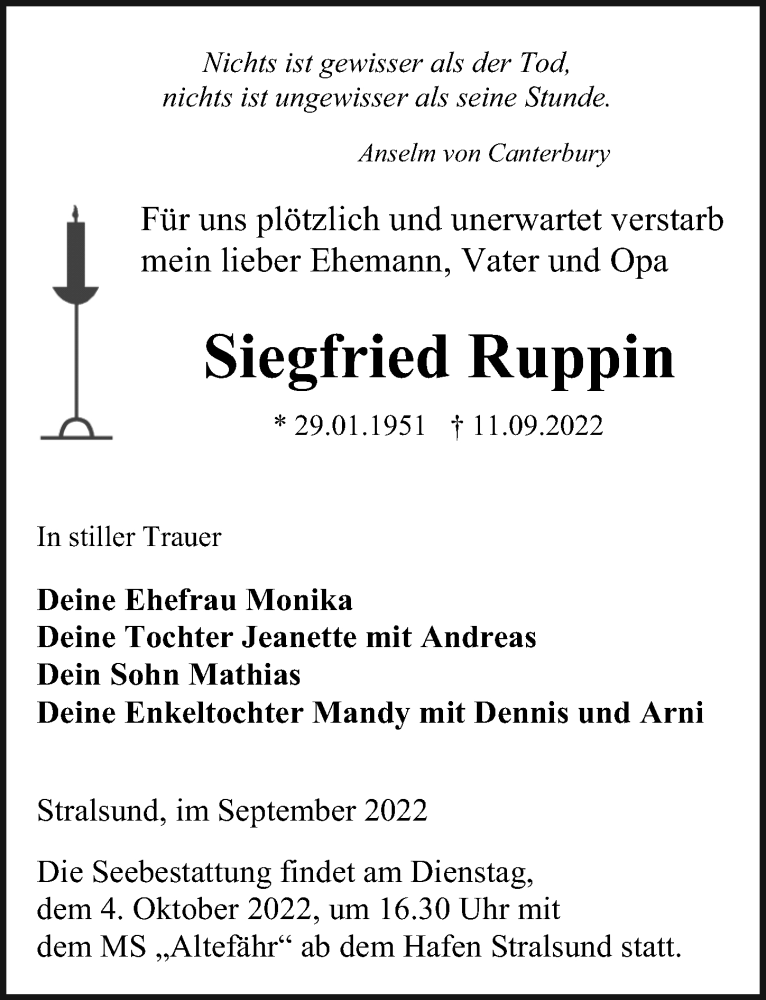  Traueranzeige für Siegfried Ruppin vom 17.09.2022 aus Ostsee-Zeitung GmbH