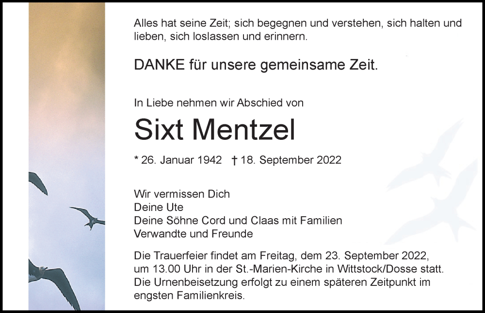  Traueranzeige für Sixt Mentzel vom 21.09.2022 aus Märkischen Allgemeine Zeitung