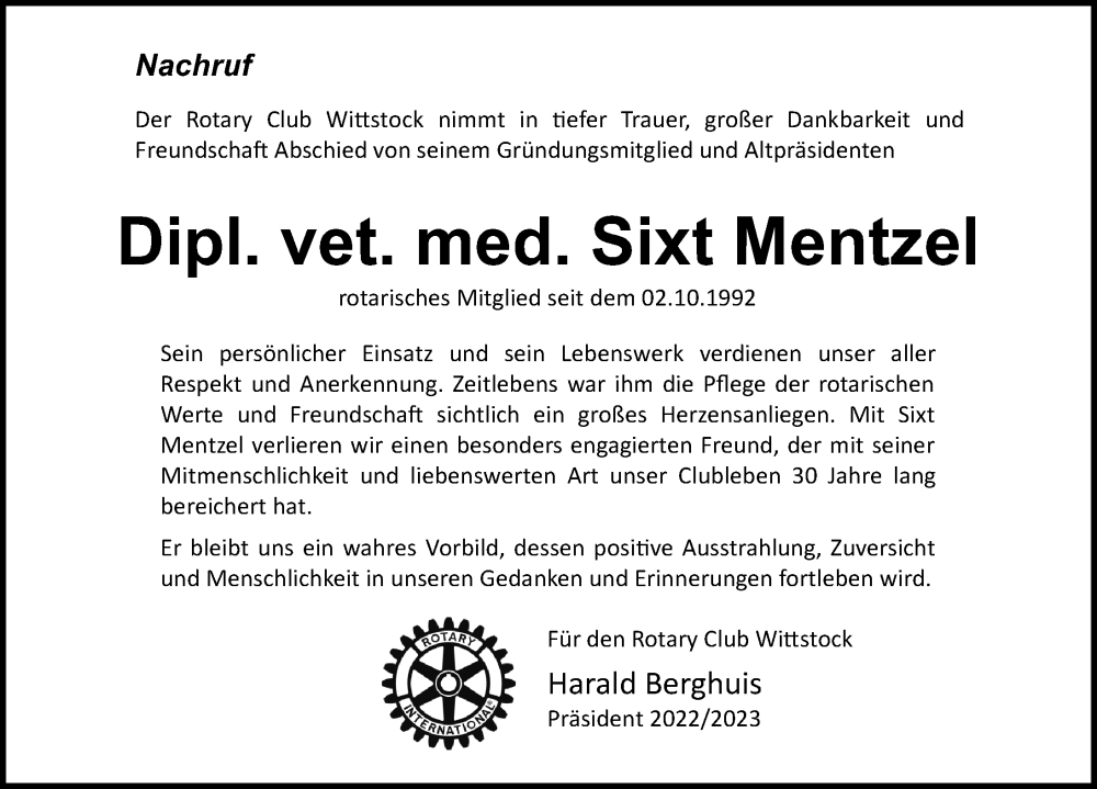  Traueranzeige für Sixt Mentzel vom 24.09.2022 aus Märkischen Allgemeine Zeitung
