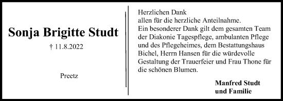 Traueranzeige von Sonja Brigitte Studt von Kieler Nachrichten