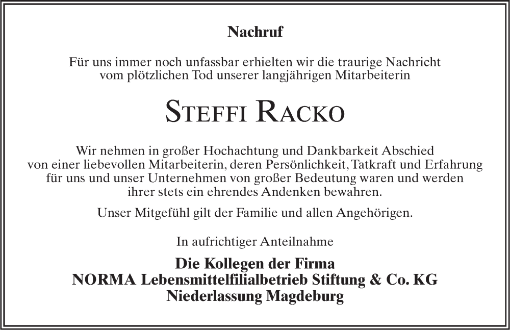  Traueranzeige für Steffi Racko vom 10.09.2022 aus Märkischen Allgemeine Zeitung