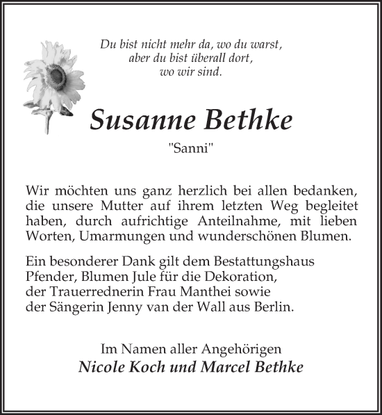 Traueranzeige von Susanne Bethke von Märkischen Allgemeine Zeitung