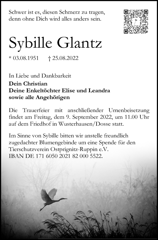 Traueranzeige von Sybille Glantz von Märkischen Allgemeine Zeitung