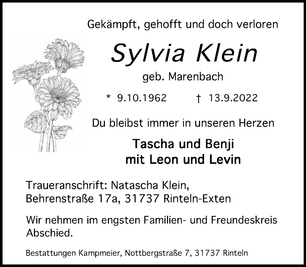 Traueranzeige für Sylvia Klein vom 17.09.2022 aus Schaumburger Nachrichten