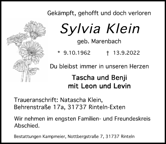 Traueranzeige von Sylvia Klein von Schaumburger Nachrichten