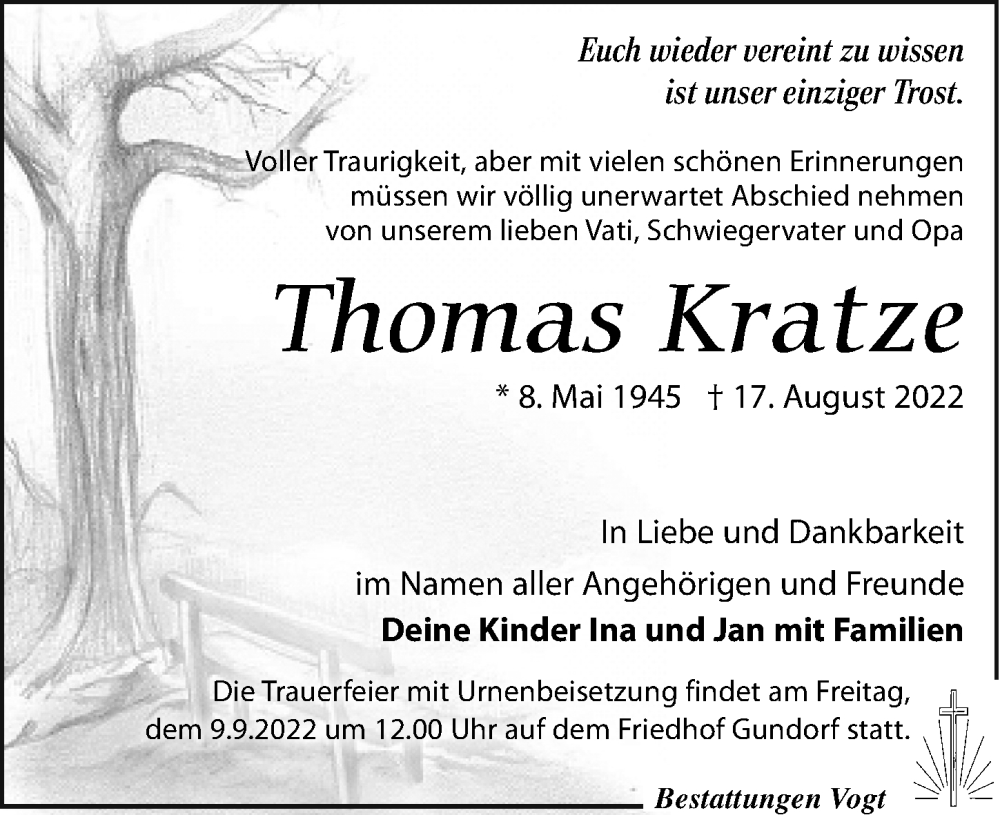  Traueranzeige für Thomas Kratze vom 03.09.2022 aus Leipziger Volkszeitung