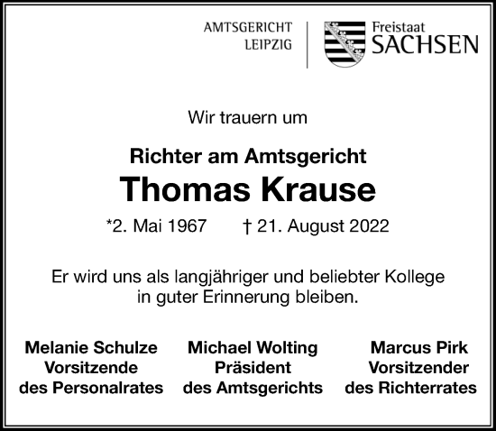 Traueranzeige von Thomas Krause von Leipziger Volkszeitung