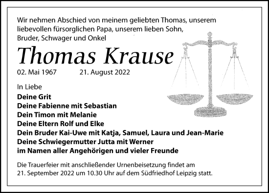 Traueranzeige von Thomas Krause von Leipziger Volkszeitung