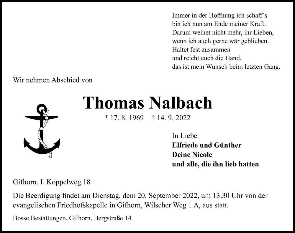  Traueranzeige für Thomas Nalbach vom 17.09.2022 aus Aller Zeitung