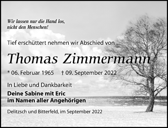 Traueranzeige von Thomas Zimmerman von Leipziger Volkszeitung