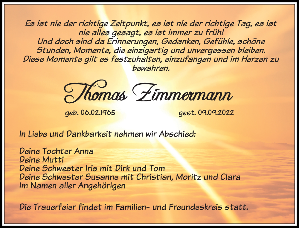  Traueranzeige für Thomas Zimmermann vom 17.09.2022 aus Leipziger Volkszeitung