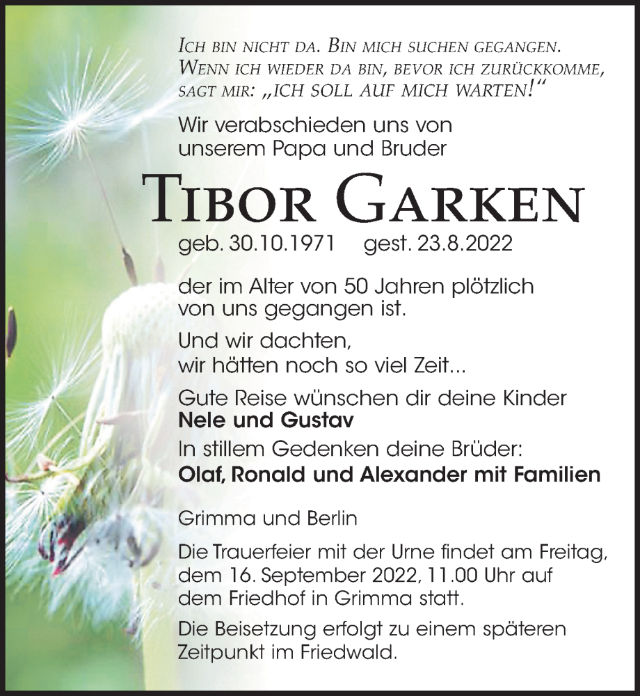 Traueranzeige für Tibor Garken vom 03.09.2022 aus Leipziger Volkszeitung