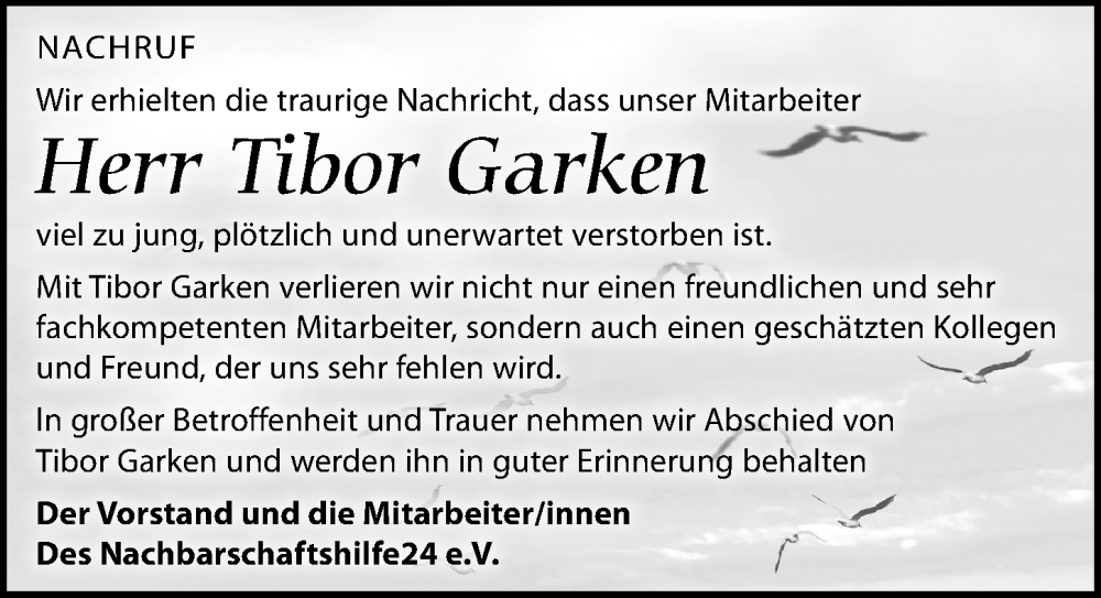 Traueranzeige für Tibor Garken vom 03.09.2022 aus Leipziger Volkszeitung