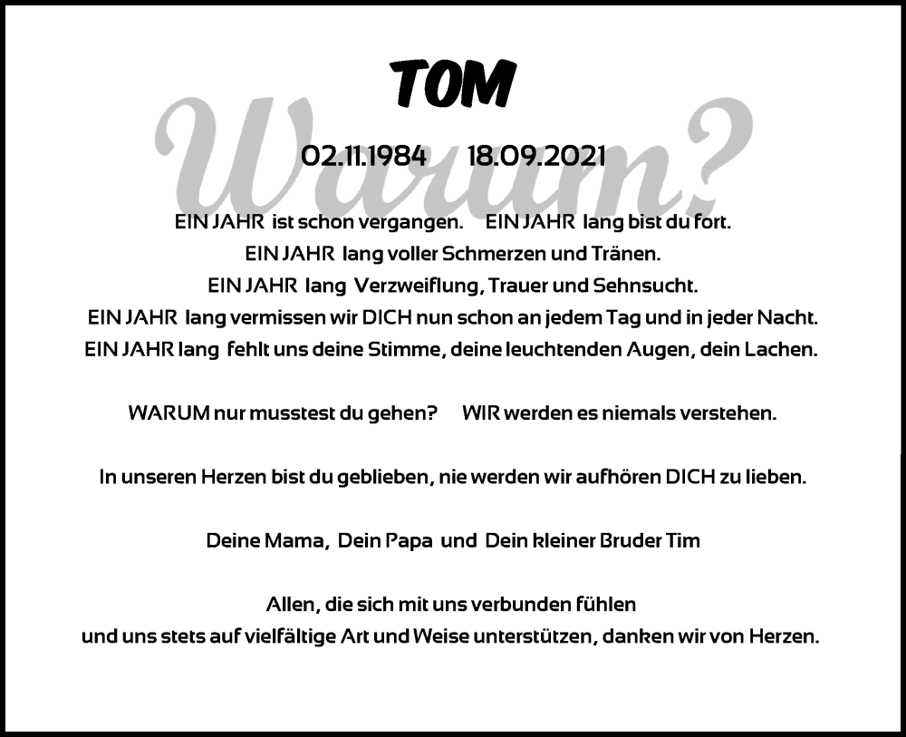  Traueranzeige für Tom Itrich vom 17.09.2022 aus Ostsee-Zeitung GmbH