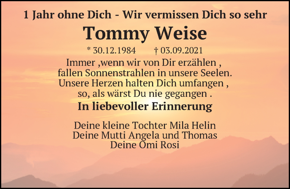 Traueranzeige für Tommy Weise vom 03.09.2022 aus Leipziger Volkszeitung