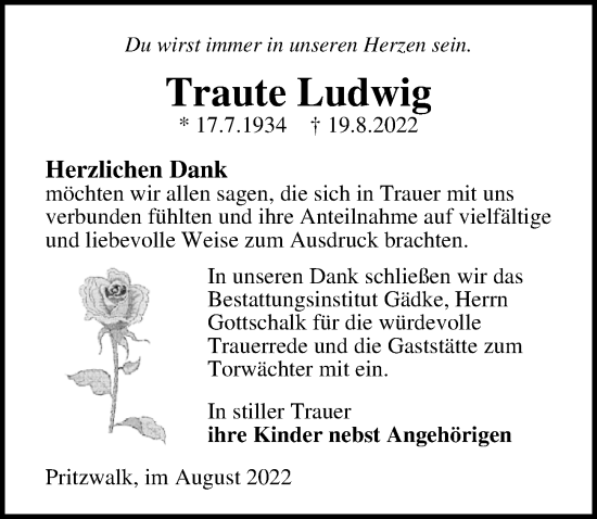 Traueranzeige von Traute Ludwig von Märkischen Allgemeine Zeitung