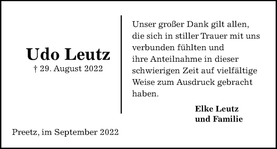 Traueranzeige von Udo Leutz von Kieler Nachrichten