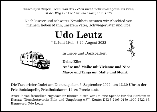 Traueranzeige von Udo Leutz von Kieler Nachrichten