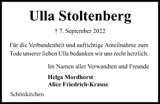 Traueranzeige von Ulla Stoltenberg von Kieler Nachrichten