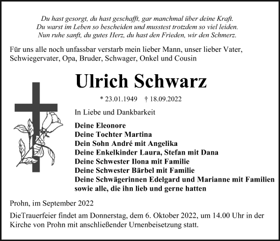 Traueranzeige von Ulrich Schwarz von Ostsee-Zeitung GmbH
