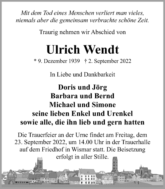 Traueranzeige von Ulrich Wendt von Ostsee-Zeitung GmbH