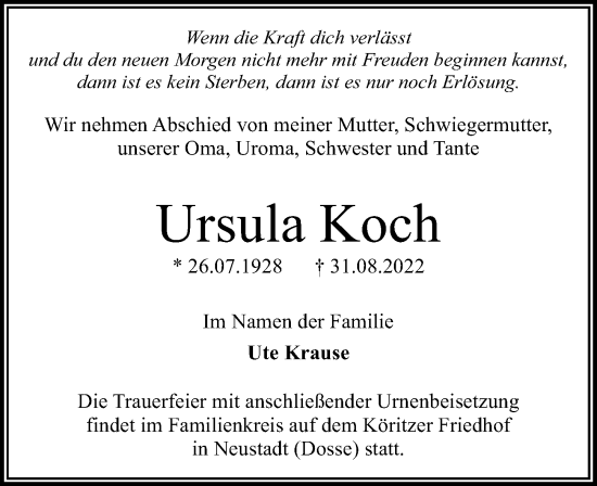 Traueranzeige von Ursula Koch von Märkischen Allgemeine Zeitung