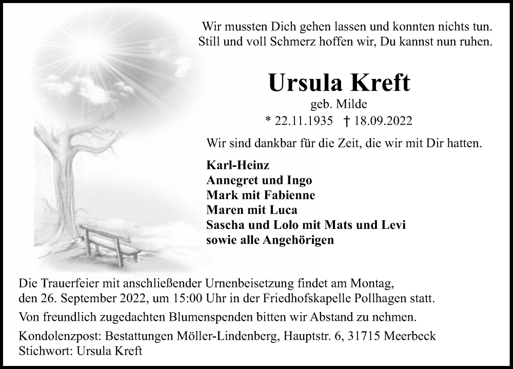 Traueranzeige für Ursula Kreft vom 21.09.2022 aus Schaumburger Nachrichten