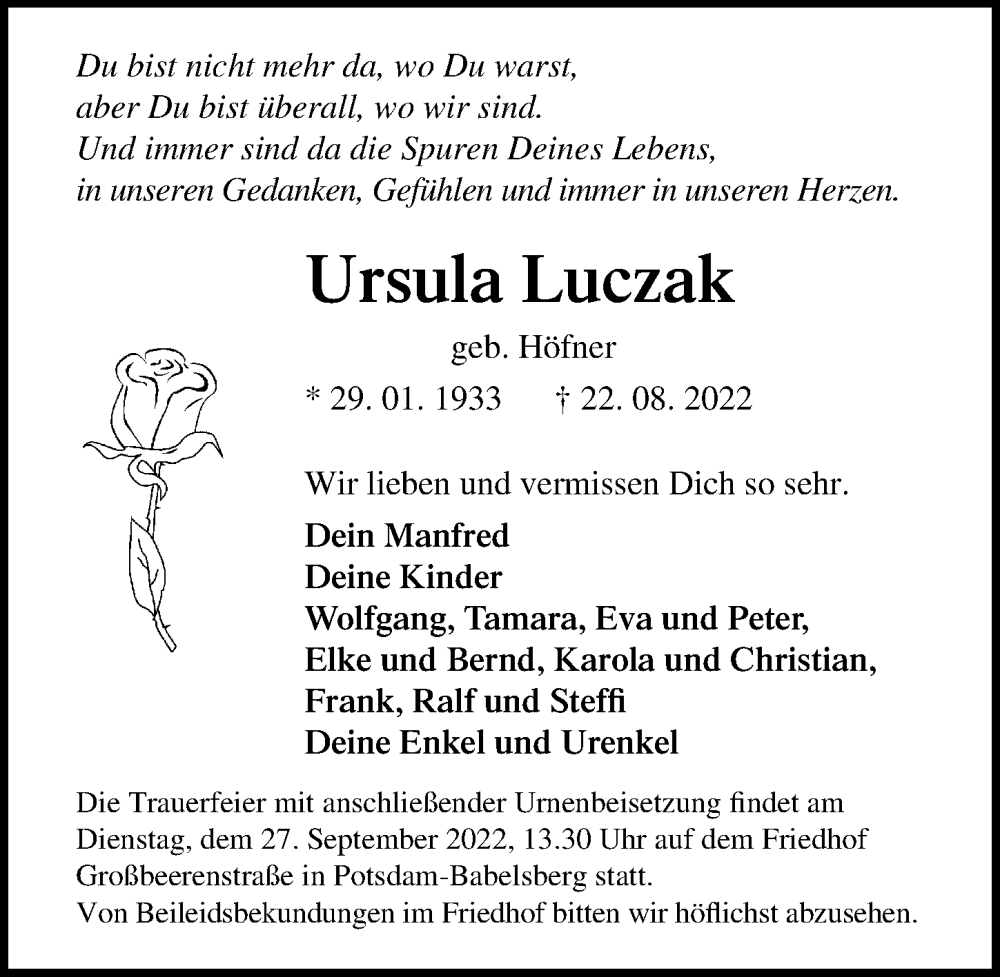  Traueranzeige für Ursula Luczak vom 17.09.2022 aus Märkischen Allgemeine Zeitung