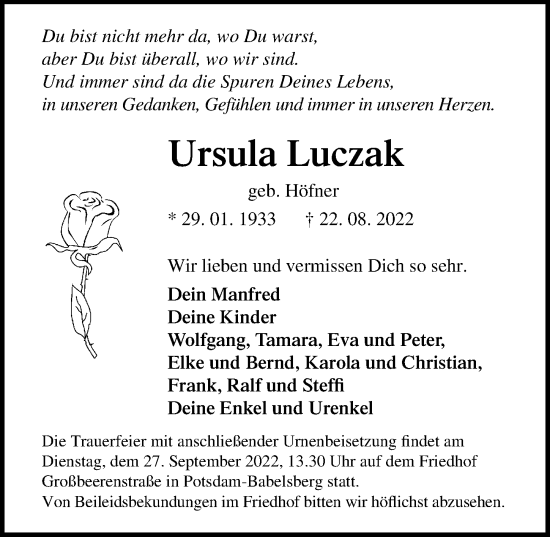 Traueranzeige von Ursula Luczak von Märkischen Allgemeine Zeitung