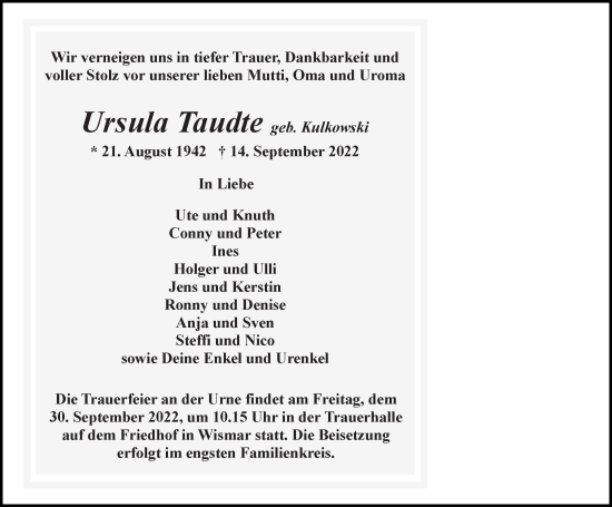 Traueranzeige von Ursula Taudte von Ostsee-Zeitung GmbH