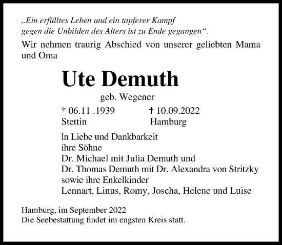 Traueranzeige von Ute Demuth von Lübecker Nachrichten
