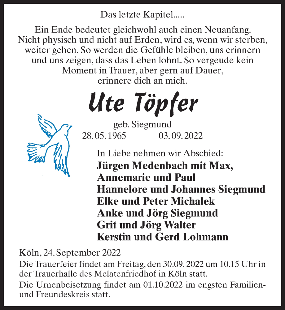  Traueranzeige für Ute Töpfer vom 24.09.2022 aus Märkischen Allgemeine Zeitung