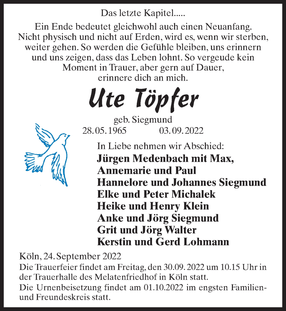  Traueranzeige für Ute Töpfer vom 27.09.2022 aus Märkischen Allgemeine Zeitung