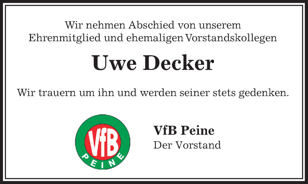  Traueranzeige für Uwe Decker vom 24.09.2022 aus Peiner Allgemeine Zeitung