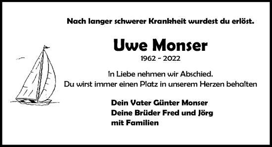 Traueranzeige von Uwe Monser von Ostsee-Zeitung GmbH
