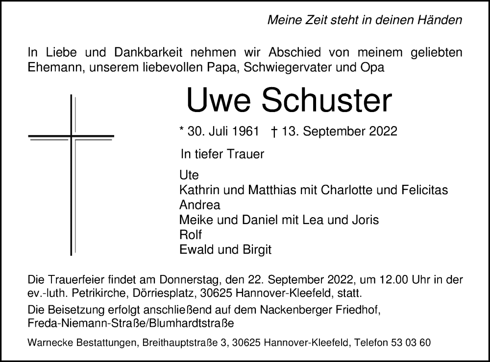  Traueranzeige für Uwe Schuster vom 17.09.2022 aus Hannoversche Allgemeine Zeitung/Neue Presse