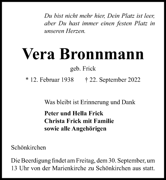Traueranzeige von Vera Bronnmann von Kieler Nachrichten