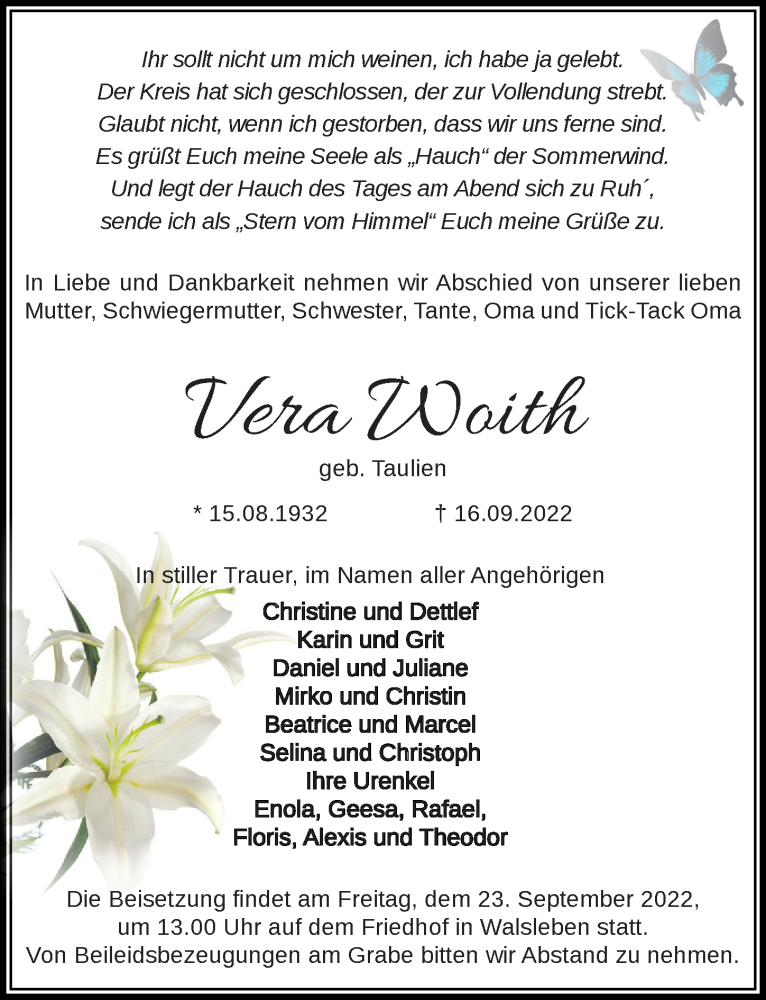  Traueranzeige für Vera Woith vom 21.09.2022 aus Märkischen Allgemeine Zeitung