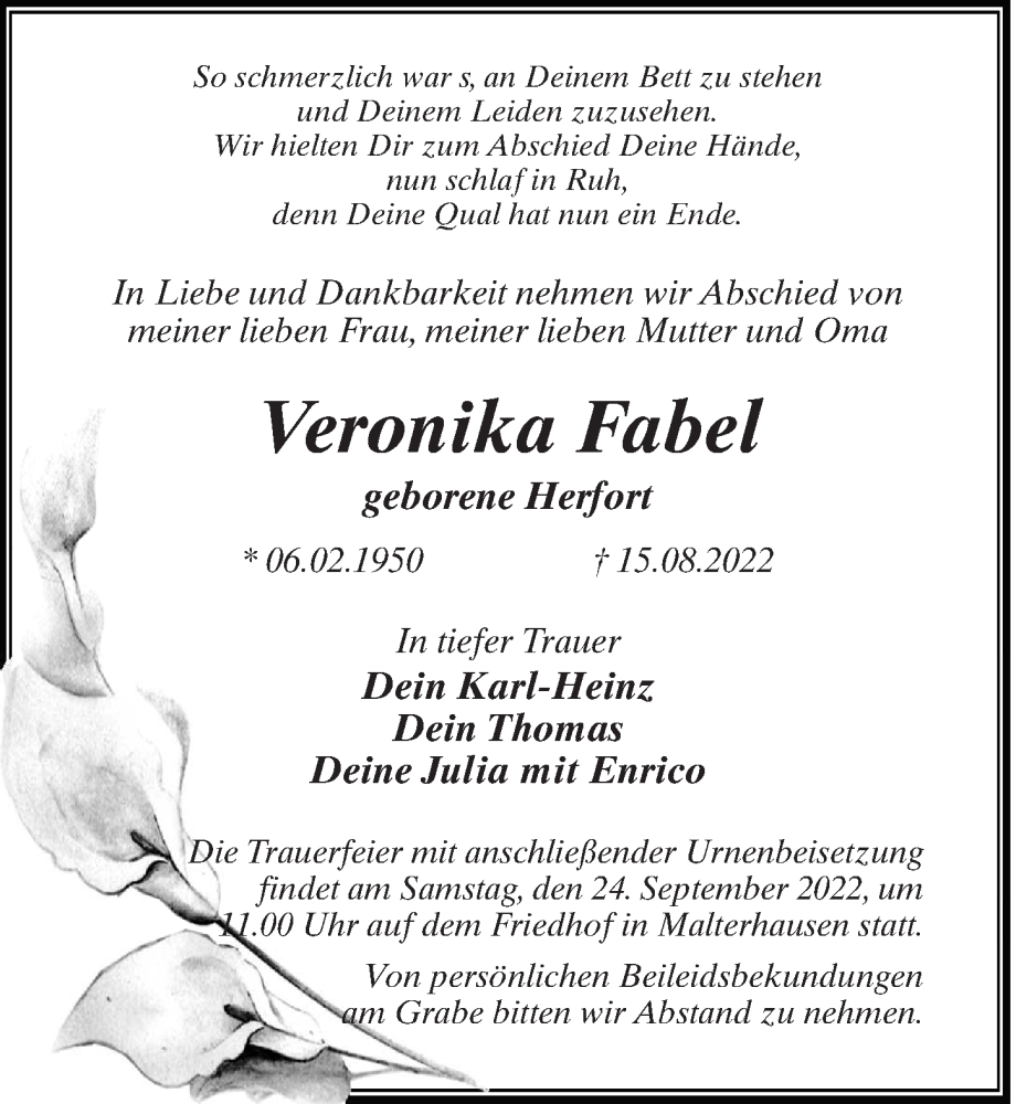  Traueranzeige für Veronika Fabel vom 03.09.2022 aus Märkischen Allgemeine Zeitung