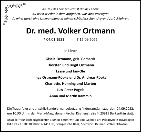 Traueranzeige von Volker Ortmann von Lübecker Nachrichten