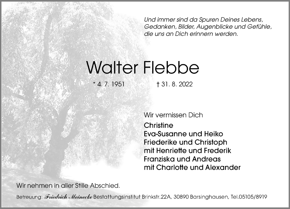  Traueranzeige für Walter Flebbe vom 03.09.2022 aus Hannoversche Allgemeine Zeitung/Neue Presse