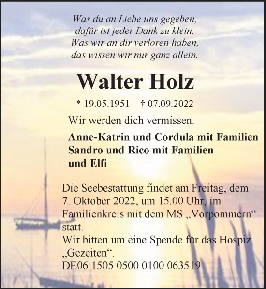 Traueranzeige von Walter Holz von Ostsee-Zeitung GmbH