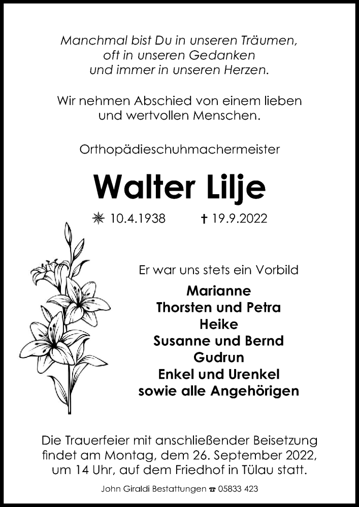 Traueranzeige für Walter Lilje vom 22.09.2022 aus Aller Zeitung