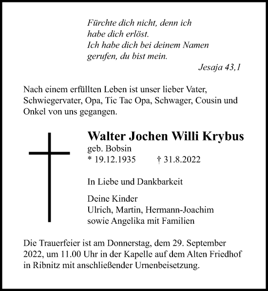 Traueranzeige von Walter Jochen Willi Krybus von Ostsee-Zeitung GmbH