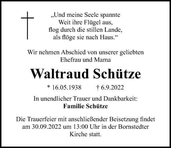 Traueranzeige von Waltraud Schütze von Märkischen Allgemeine Zeitung