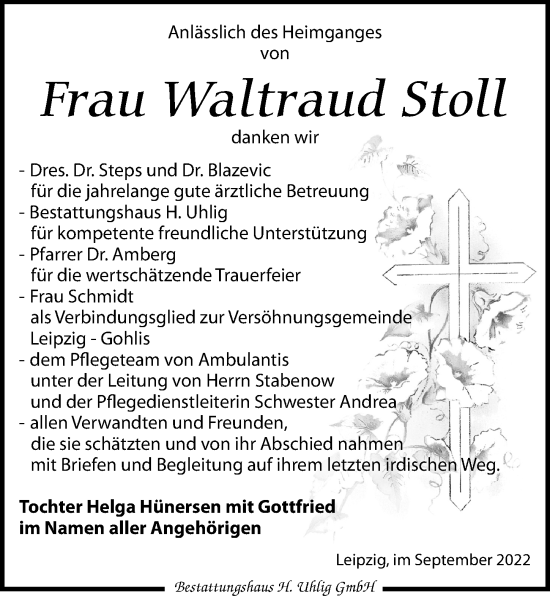 Traueranzeige von Waltraud Stoll von Leipziger Volkszeitung