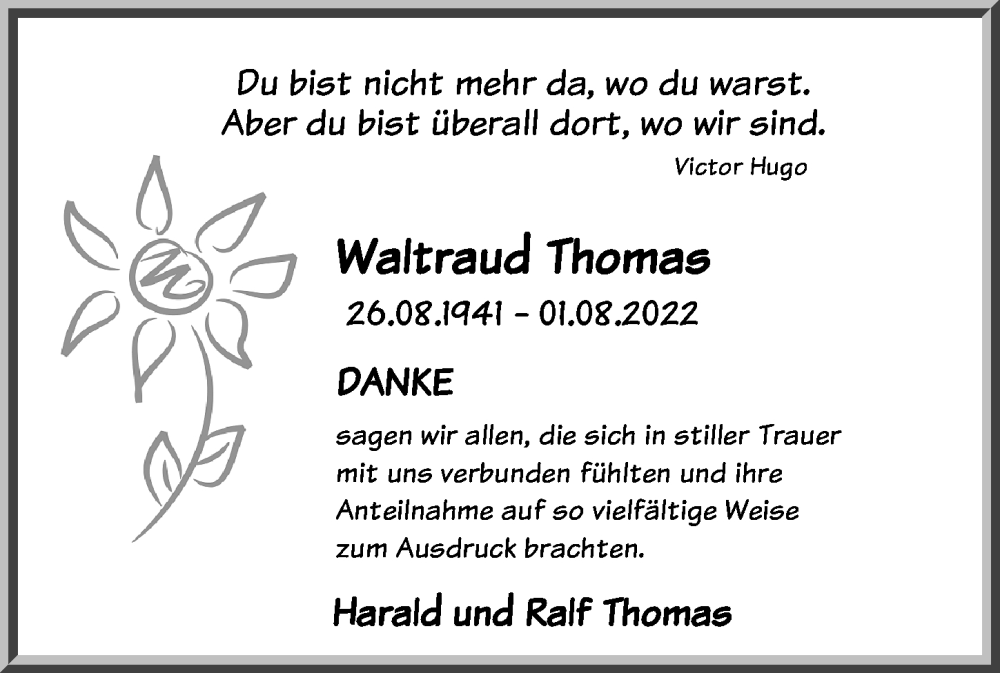  Traueranzeige für Waltraud Thomas vom 24.09.2022 aus Leipziger Volkszeitung