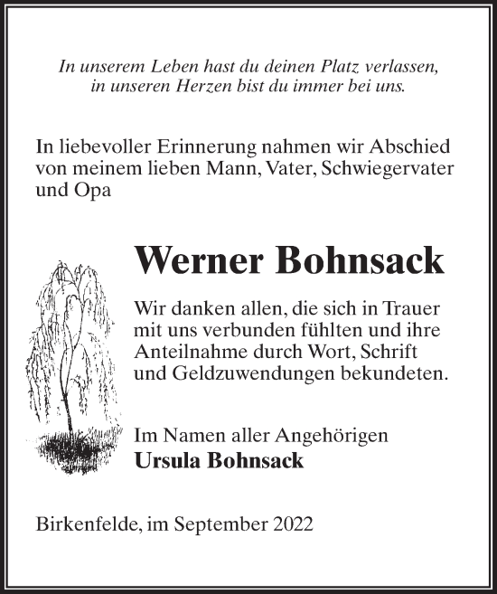 Traueranzeige von Werner Bohnsack von Märkischen Allgemeine Zeitung